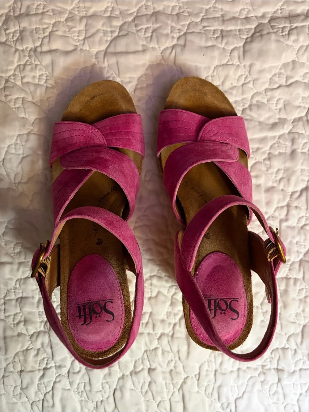 Sofft Hot Pink Suede Wedge Sandals with Ankle Buckle